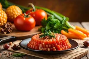 salmon with vegetables and herbs on a wooden table. AI-Generated photo