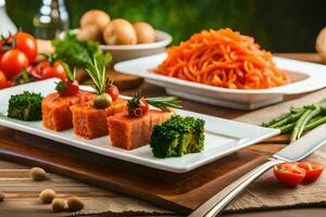 un mesa con comida y vegetales. generado por ai foto