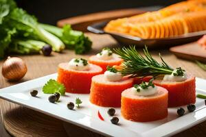 salmon rolls with cream cheese and herbs. AI-Generated photo
