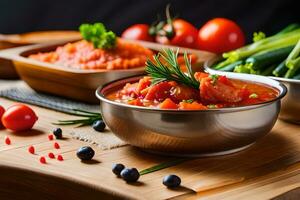 a bowl of tomato soup with vegetables and herbs. AI-Generated photo