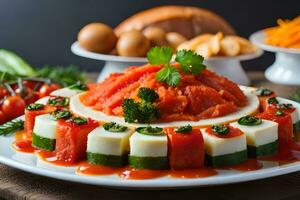 un plato de comida con vegetales y queso. generado por ai foto