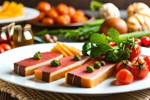 un plato de carne y vegetales con un cuchillo y tenedor. generado por ai foto