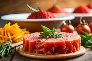 a plate of meat and vegetables on a wooden table. AI-Generated photo