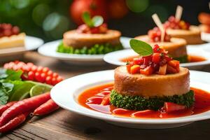 small plates with food on them and vegetables. AI-Generated photo