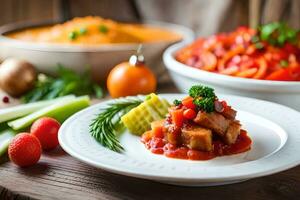 un variedad de diferente comidas son en un mesa. generado por ai foto