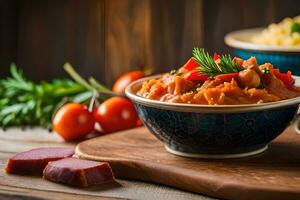 dos bochas de comida con carne y vegetales. generado por ai foto