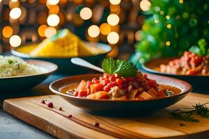 three bowls of food with rice and vegetables on a wooden cutting board. AI-Generated photo