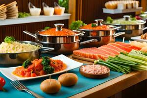 buffet con varios tipos de comida en un mesa. generado por ai foto