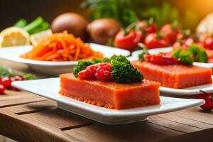 a table with several plates of food with vegetables. AI-Generated photo