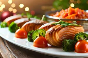 a plate of salmon with vegetables and a bowl of vegetables. AI-Generated photo