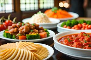 un buffet mesa con varios platos y vegetales. generado por ai foto