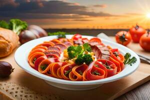 un cuenco de pasta con carne y vegetales en un mesa. generado por ai foto