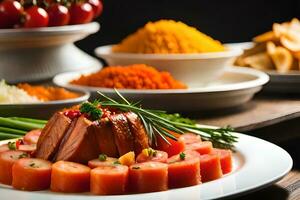 un plato de comida con carne, vegetales y otro ingredientes. generado por ai foto