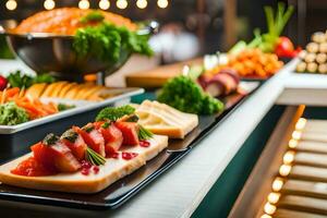 un buffet con varios tipos de comida en él. generado por ai foto