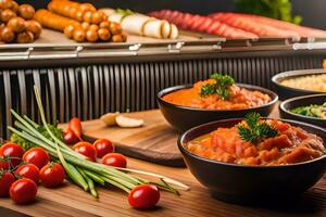 a table with bowls of food and vegetables. AI-Generated photo