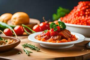 a wooden table with bowls of food and vegetables. AI-Generated photo