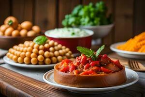 various dishes of food on a wooden table. AI-Generated photo