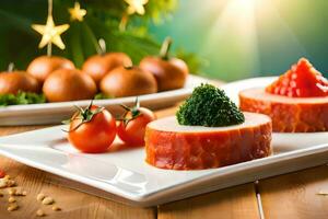 christmas ham with vegetables and meat on a plate. AI-Generated photo