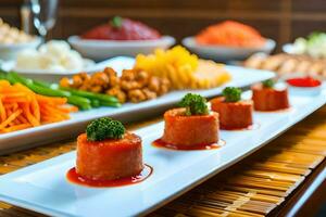 a long table with appetizers and other food. AI-Generated photo