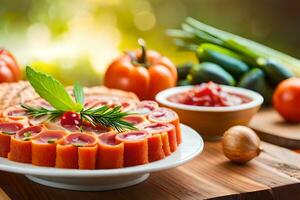 un plato de comida con carne y vegetales. generado por ai foto