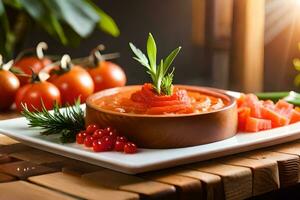 a plate with a bowl of tomato sauce and vegetables. AI-Generated photo