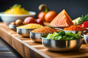 a variety of different foods in metal bowls. AI-Generated photo