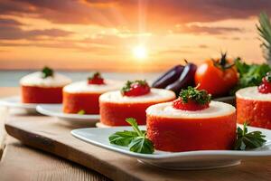 a plate of desserts with strawberries and tomatoes. AI-Generated photo