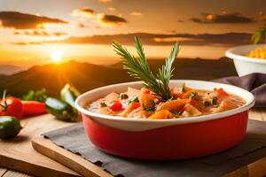 mexicano comida con vegetales y especias en un de madera mesa a puesta de sol. generado por ai foto