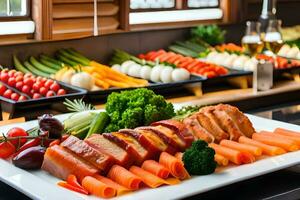 a buffet with meat, vegetables and fruit on it. AI-Generated photo