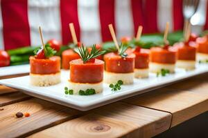 small appetizers on a white plate with toothpicks. AI-Generated photo