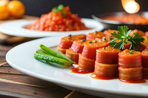 a plate of sushi with meat and sauce. AI-Generated photo