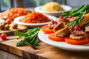 un plato de comida con carne, vegetales y otro ingredientes. generado por ai foto