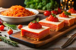 a wooden cutting board with four squares of cheese and strawberries. AI-Generated photo