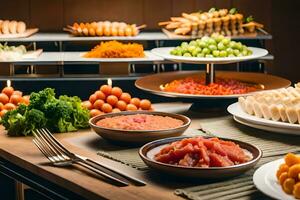 a buffet with various types of food on it. AI-Generated photo