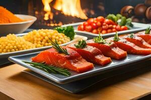 salmon and vegetables on plates in front of a fireplace. AI-Generated photo