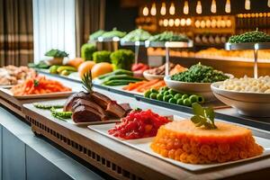 a buffet with various types of food on display. AI-Generated photo