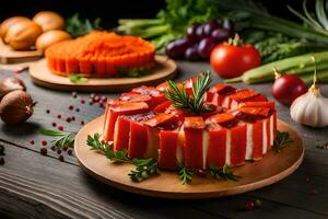 a cake with vegetables and herbs on a wooden table. AI-Generated photo