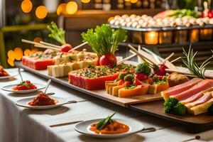 a buffet table with various types of food. AI-Generated photo