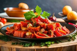un plato de comida con Tomates, pimientos y otro ingredientes. generado por ai foto