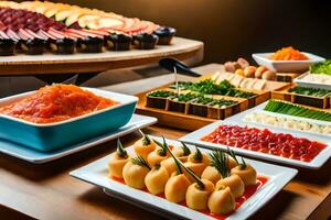 a buffet with various types of food on it. AI-Generated photo