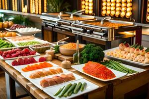 buffet with various types of food on display. AI-Generated photo