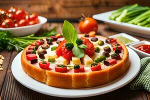a pizza with vegetables and cheese on a white plate. AI-Generated photo