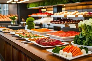 a buffet with various types of food on display. AI-Generated photo