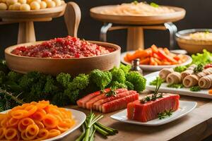 a buffet with various types of food on it. AI-Generated photo