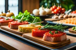 a buffet with various types of food on wooden trays. AI-Generated photo
