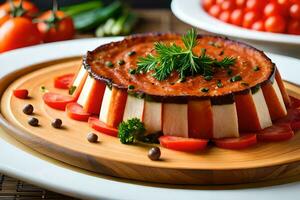 un tomate y queso plato en un de madera lámina. generado por ai foto