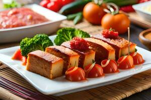 un plato con comida en eso y un cuenco de vegetales. generado por ai foto