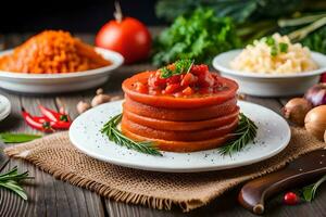 un plato de Tomates y otro vegetales en un mesa. generado por ai foto