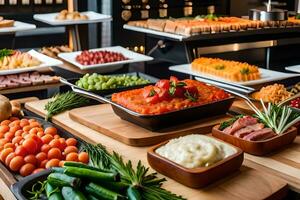 a buffet with various types of food on it. AI-Generated photo