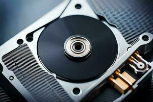 a close up of a hard drive with a metal disk. AI-Generated photo